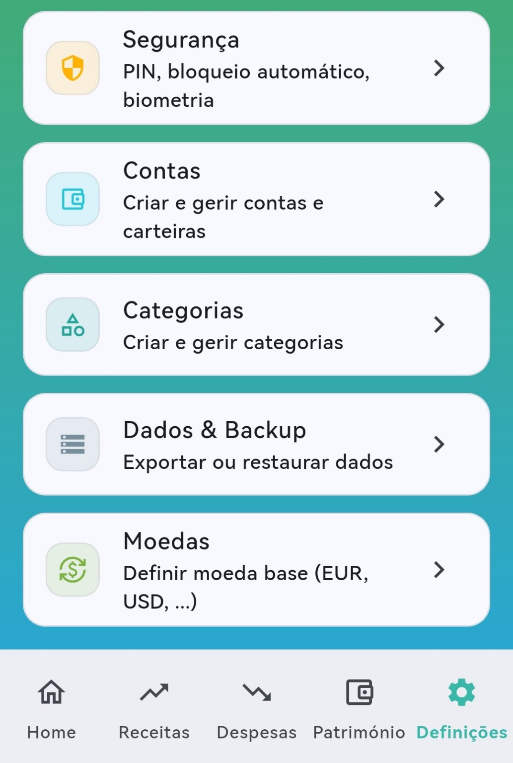 Opções de definições na app Ponto Zero