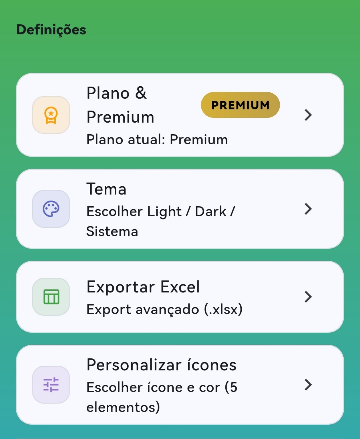 Mais opções de definições na app Ponto Zero