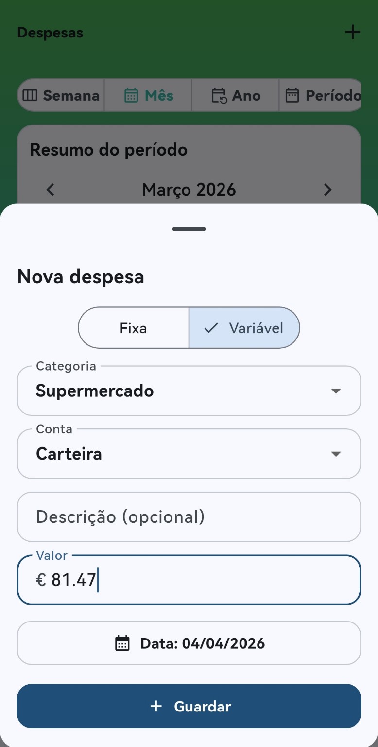 Registo de despesas na app Ponto Zero