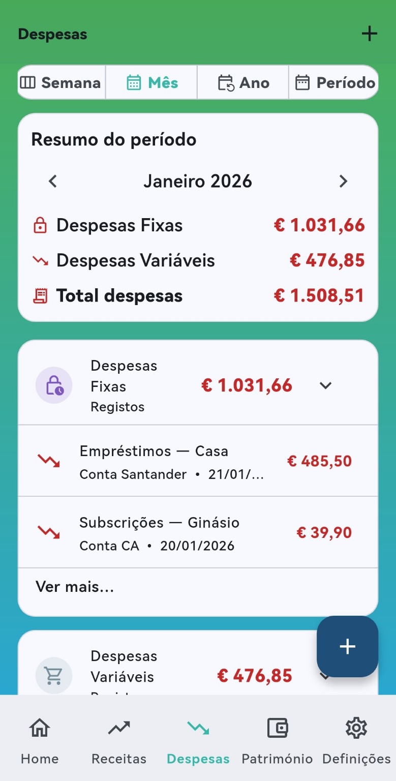 Resumo de despesas na app Ponto Zero
