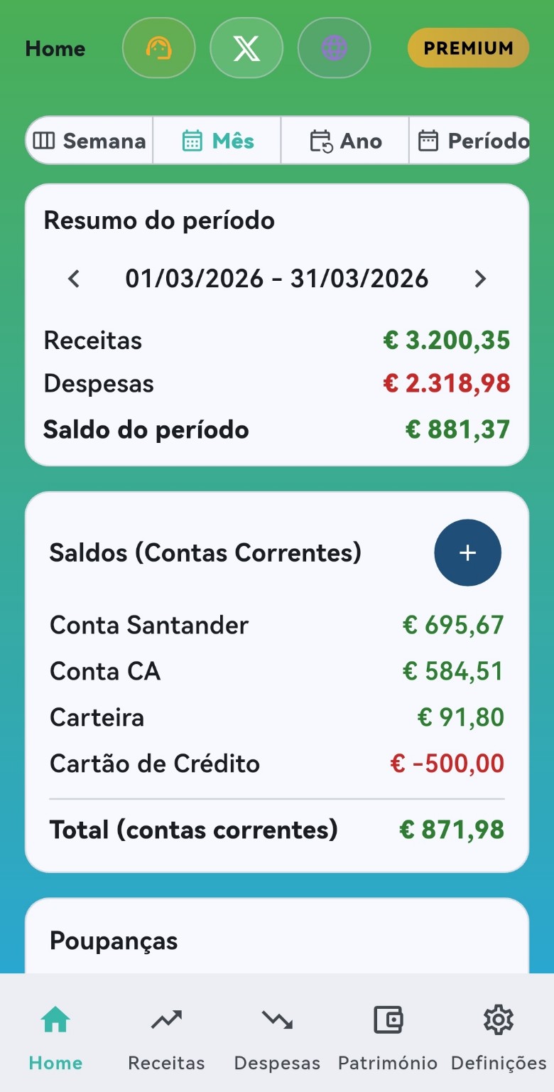 Resumo financeiro no separador Home da app Ponto Zero