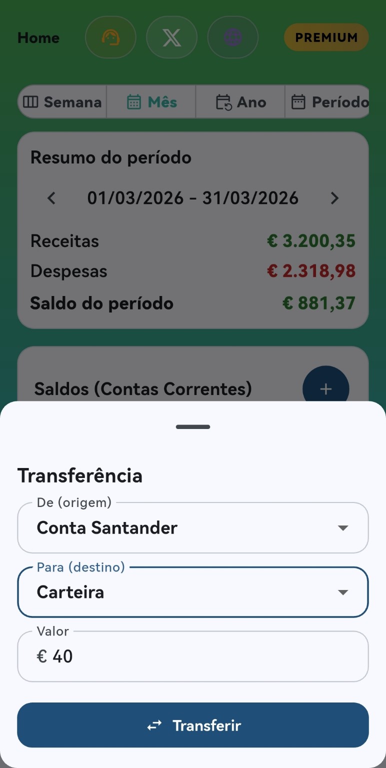Transferências entre contas correntes na app Ponto Zero