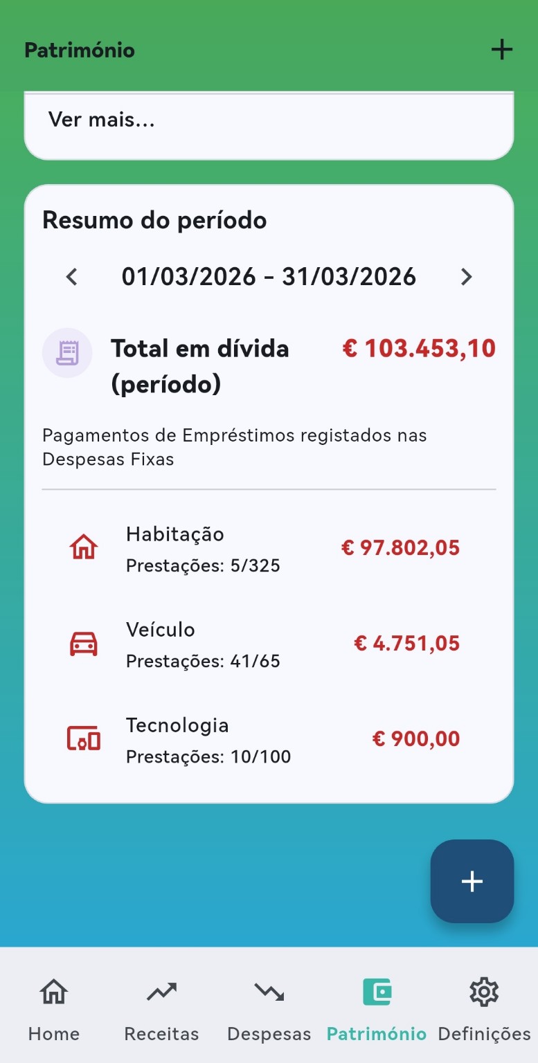 Resumo de empréstimos na app Ponto Zero