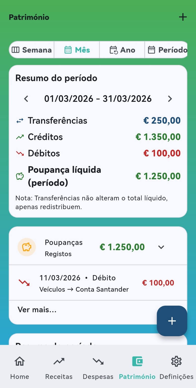 Resumo de poupança na app Ponto Zero