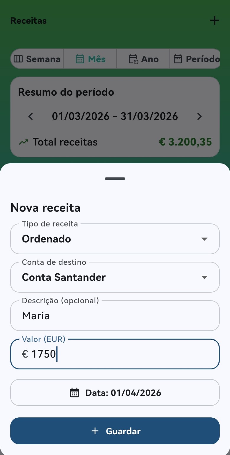 Registo de receitas na app Ponto Zero