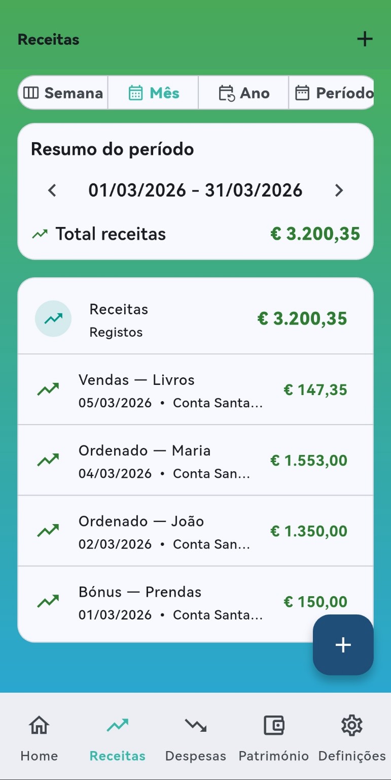 Resumo de receitas na app Ponto Zero